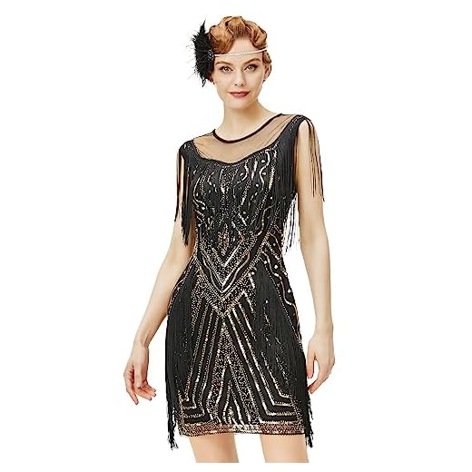 Coucoland 1920-tals klänning med tofs stola damer Gatsby aftonklänning cocktail fest damer 20-tals kostym klänning, svart guld, XL