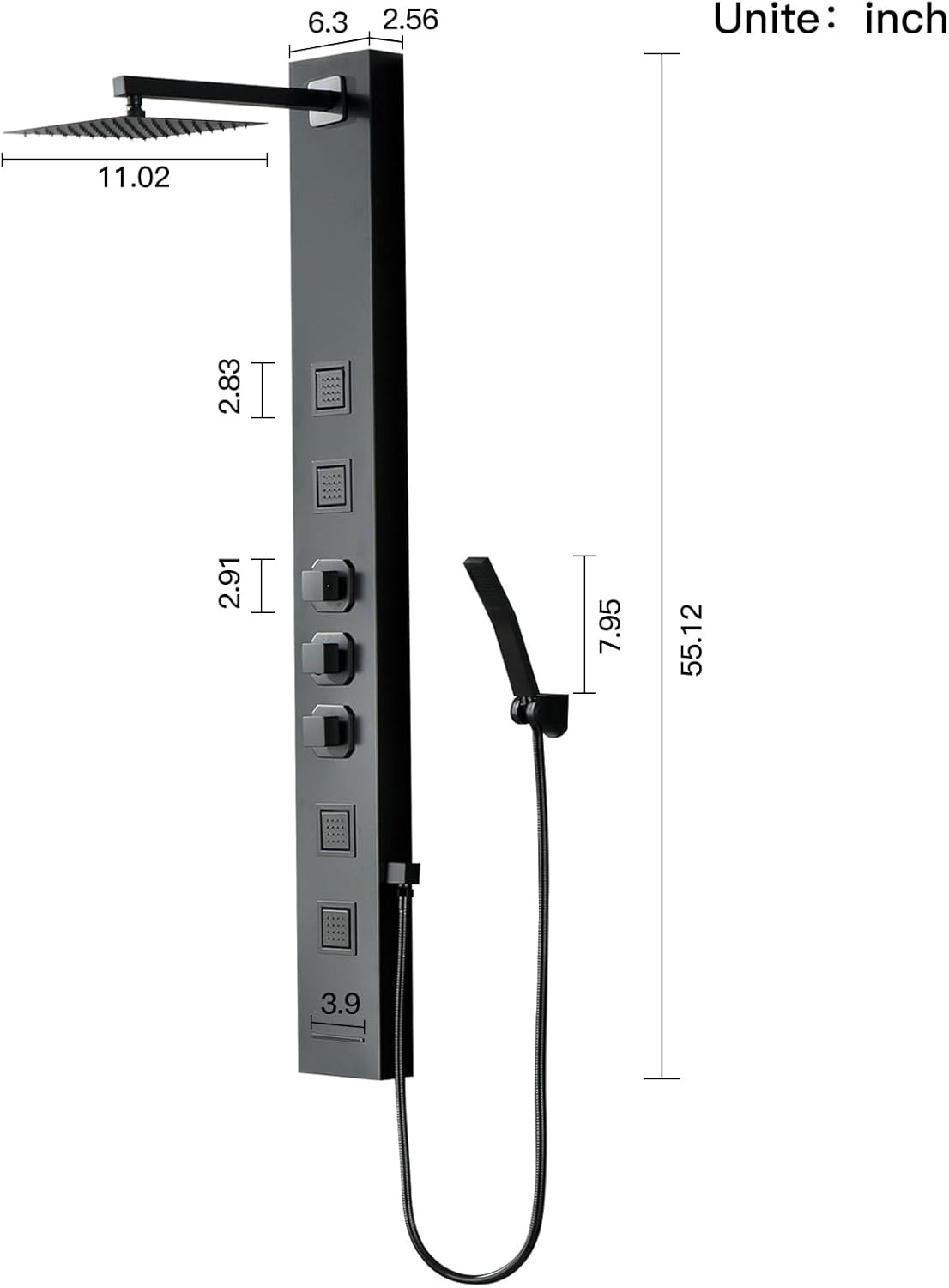 Homevacious Shower Panel Tower System,Stainless Steel Bathroom Stand Up Shower Kit,Wall-Mount Shower Panels with Rainfall Shower Head,4 Massage Body Jets,Tub Spout and Handheld Shower,Matte Black
