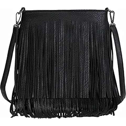 KIKFIT Womens Designer Style Tassel Fringe Shoulder Bag Faux Leather Messenger Handbag by Gessy (Black) Cover