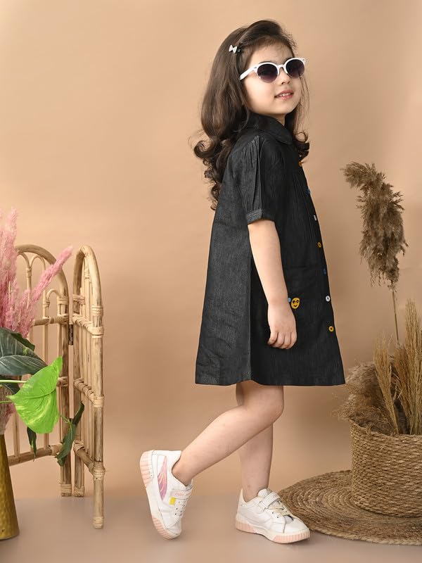 Image of superminis Girls Denim Solid Color Half Sleeves Dress with Embroidered Pocket (1 Dress)
