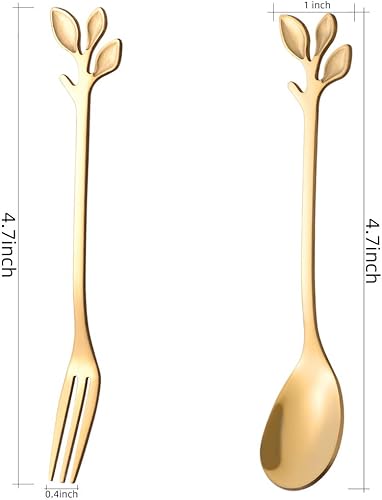Miniatura 2 de AnSaw 8 cucharas de café y tenedores de postre con mango de hoja pequeña de 4.7 pulgadas (dorado, 4+4)
