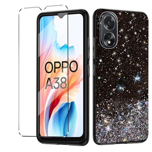 1Pcs Cover Glitter Bling e 1Pcs Vetrino OPPO A38 antiurto Custodia piu Vetro temperato protezione OPPO A38 Pellicola protettiva nero