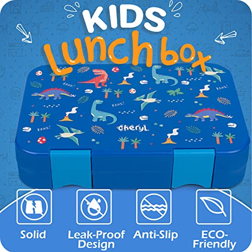 Cheryl Bento Box For Kids 27 Oz, Bento Lunch Box Kids With 6-Compartment, Lunch Containers For Kids Daycare, Inner Removable Compartment Tray Dishwasher Safe, Microwave Safe - Blue Dinosaur #TOP1