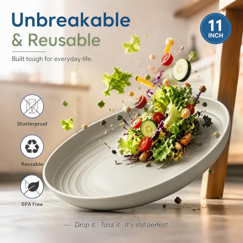 Image of Large Wheat Straw Dinner Plates, 11In Unbreakable Plates,LightGrey | Lightweight and Stackable Deep Dinner Plates for Dinner, Deep Edge for Kitchen & Outdoor