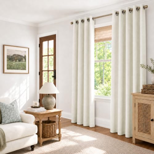 Image of 100% Blackout Shield Linen Textured Total Blackout Curtains for Bedroom 90 Inches Long, Beige Wihte Grommet Curtains for Living Room, Thermal Insulated Room Darkening Drapes, 50 inch W x 90 inch L, 2 Panels