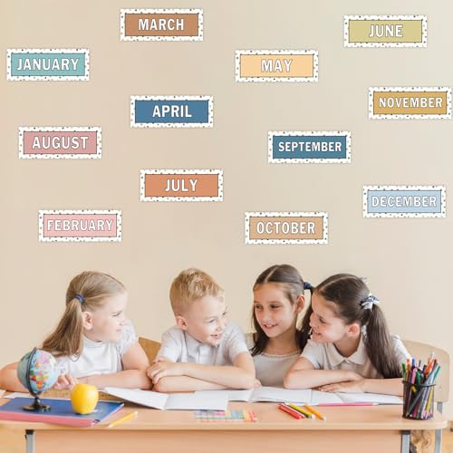 Image of Whaline 12 Pcs Months of The Year Bulletin Board Set Boho Color Monthly Headliners Calendar Month Headers for Back to School Classroom Decoration