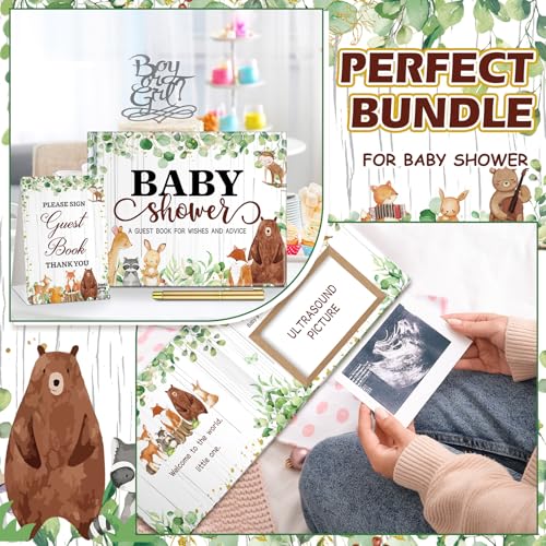 Image of Fuyoooo 27 Pcs Woodland Animal Baby Shower Guest Book Set Baby Shower Sign in Guest Floral Book Place Table Cards with Gold Pen Adhesive Photo Corner for Birthday Party