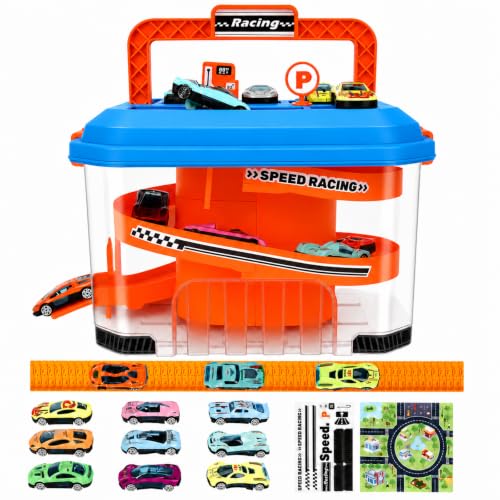 Image of Toy Car Track Storage Playset: Toddler Toys for Ages 3-4, 12 Diecast Cars | Car Track Set With PlayMat, Race Tracks and Car Ramp; Kids Birthday Gift for 3, 4, 5 and 6 Year Old Boys