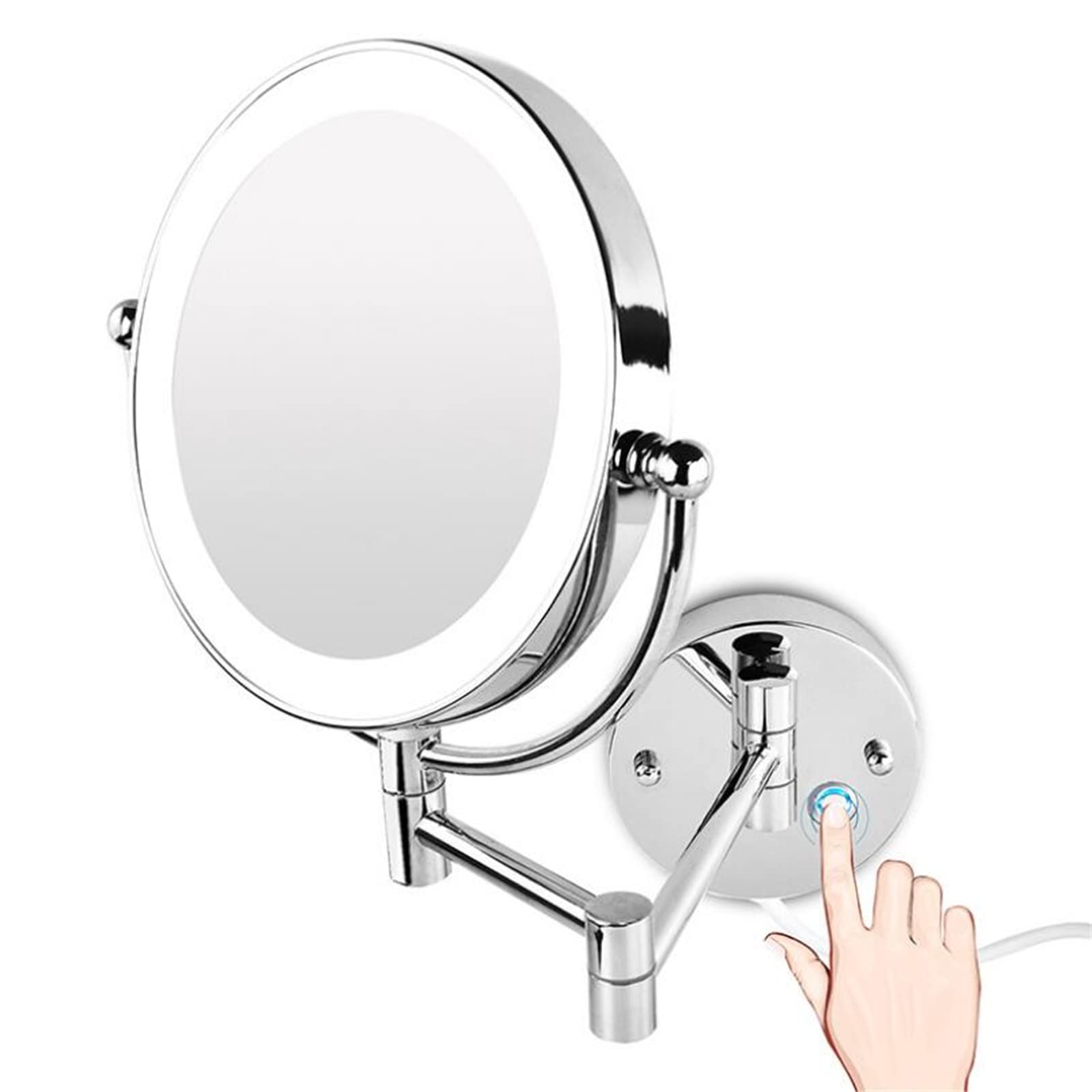 Specchio per Il Trucco a LED dimmerabile con luci e ingrandimento 1X/10X, Specchio da Bagno Estensibile a Doppia Faccia Cromato con Illuminazione Integrata e Ricarica USB.