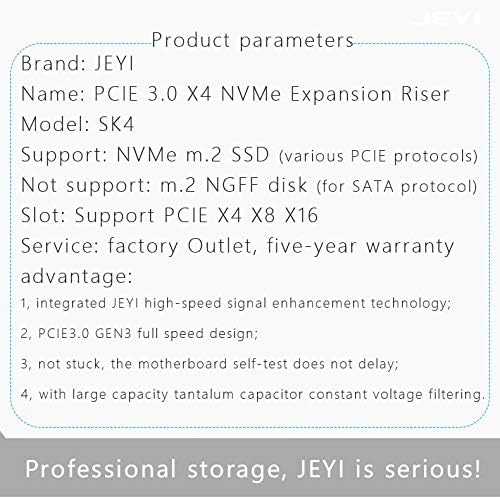 Product parameters for JEYI SK4 NVMe Expansion Riser, listing brand, name, model, support, slot, and features.