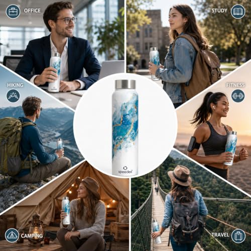 Image of Speedex Stainless Steel Printed Water Bottle 1 Ltr 1000 ml, BIS Approved, Leak Proof Screw Cap Bottle for Office, School, Travel, Daily Use for Men, Women, Kids, Adults, Ice Marble, Set of 3