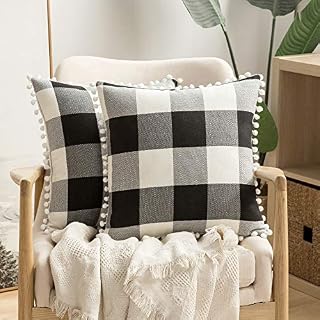 MIULEE Set of 2 Retro Farmhouse Buffalo Plaid Check Pillow Cases with Pom-poms