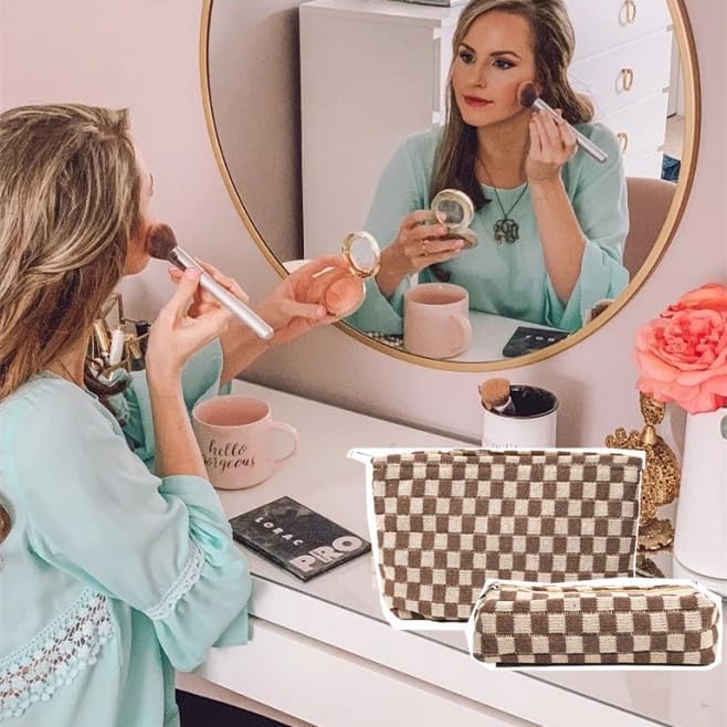 Miniatura 7 de Bolsa de maquillaje a cuadros, juego de 2 bolsas de cosméticos grandes con bolsa de brochas de maquillaje, bolsa de maquillaje pequeña para bolso,