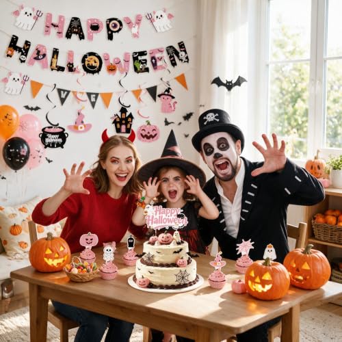 Halloween Birthday Party Decorations, Pink Black Party Supplies with 3 Banners, 18 Balloons, 7 Cake Toppers & 6 Spiral Hanging Swirls, Nightmare Before Christmas Birthday Decorations - image 5