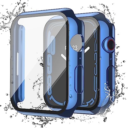 Image of Misxi [2 Pack Waterproof Anti-Scratch Case with Button for Apple Watch Series 9 (2023) Series 8 Series 7 41mm, Hard PC Cover with Tempered Glass Screen Protector for iWatch, 1 Blue + 1 Transparent