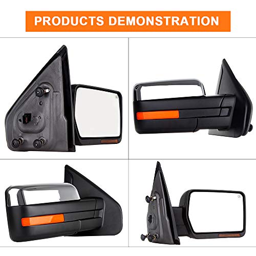 ROADFAR Towing Mirror Compatible With 2004-2014 For Ford For F150 Pickup Truck Tow Mirror With Right Side Power Control Heated Turn Signal Puddle Light Chrome Housing with Reflective Stripe - Thumbnail 7