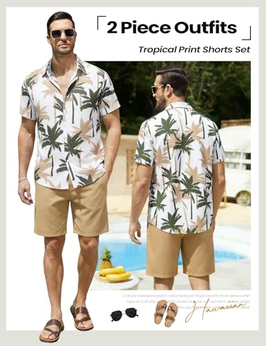Image of Yimoon Men's Summer 2 Piece Outfits Tropical Print Short Sleeve Button Down Hawaiian Beach Shirt and Shorts Set