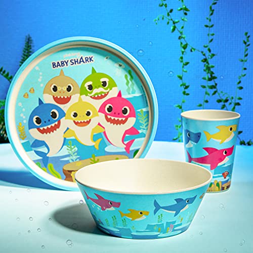 Image of Zak Designs Baby Shark Dinnerware Set for Kids Includes 8 inch Plate, 6 inch Bowl, and 10oz Tumbler, Durable and Sustainable Melamine Bamboo Material (3-Piece Set)