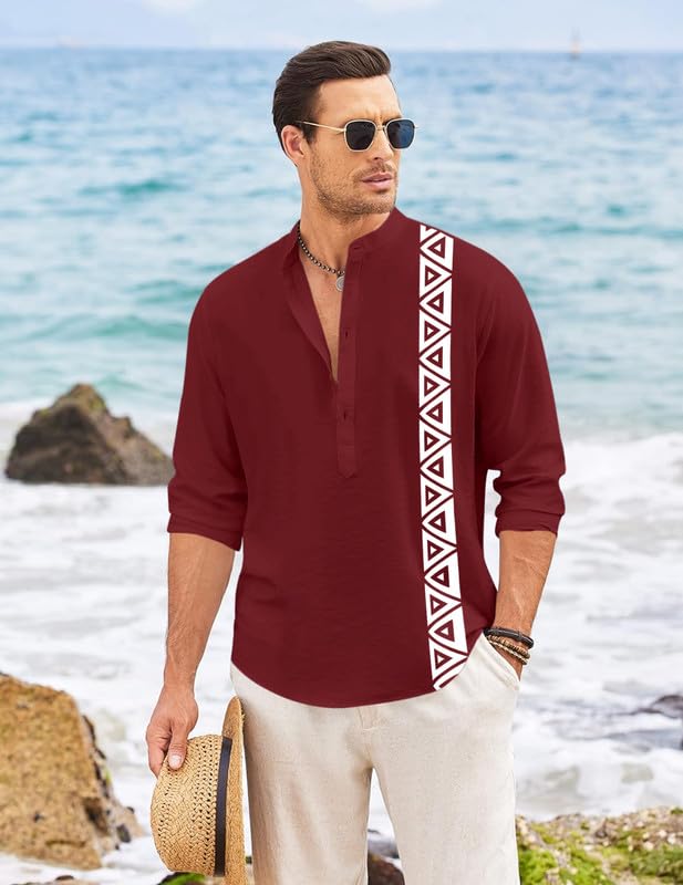Image of FINIVO FASHION Men's Short Kurta with Printed Geometric Side Panel | Cotton Blend Full Sleeve Ethnic Topwear with Mandarin Collar | Stylish Indo-Fusion Kurta for Daily, Festive, or Casual Wear