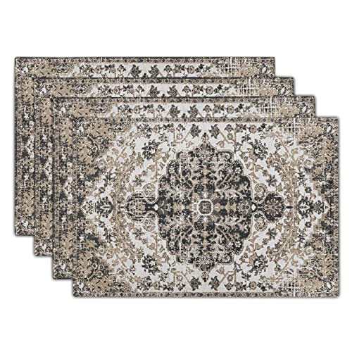 Image of Ethnic Boho Placemats Set of 4 Bohemian Carpet Vintage Gray Floral Linen Washable Kitchen Dining Southwestern Table Mats Stain Heat-Resistant Desktop Decor Place Mats for Home Party Indoor 12x18 in