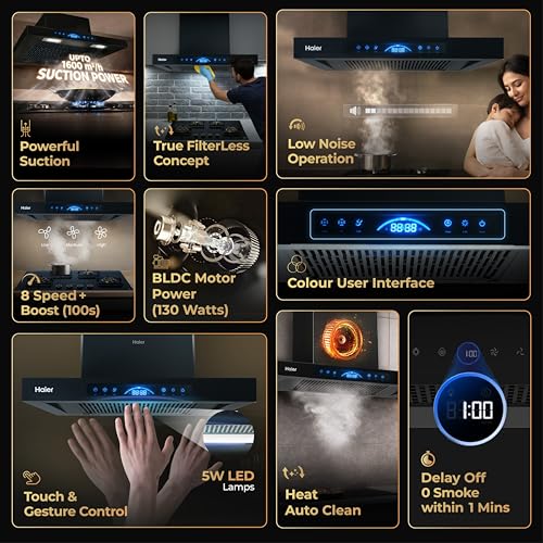 Haier 60cm 1600m³/hr BLDC Autoclean T-Shape Chimney | Easy Clean Filterless with Touch/Gesture Control | 10 Yr Motor, 4 Yr Comprehensive Warranty | Free Installation & Pipe | HIH-T1600-BLDC-IN | Black view 2