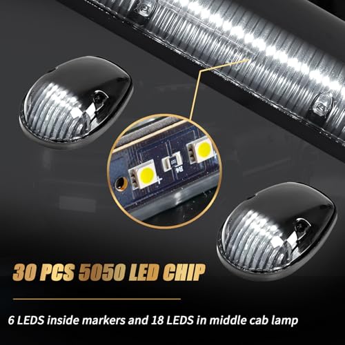 Havziple 3pcs Smoke Lens/White 30 LED Cab Marker Lights Cab Roof Running Top Lights Assembly + Wire Pack Compatible with 2002-2007 Chevy Silverado/GMC Sierra 1500 1500HD 2500 2500HD 3500 Truck by Havziple - Image 2