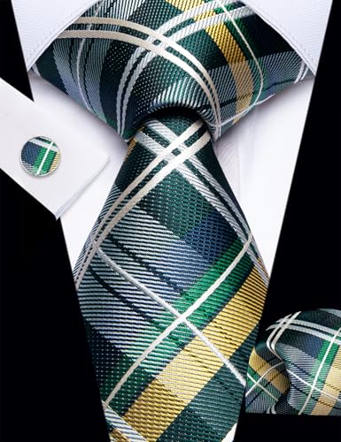 Image of YourTies Striped Plaid Ties for Men Silk Formal Necktie Set | 3.15 inch(8cm) Woven Jacquard Mens Ties with Necktie Pocket Square Cufflink Tie Clip Lapel Pin for Wedding Business Party