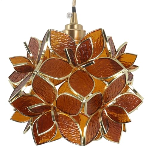 Bieye L11009 Petals Tiffany Style Stained Glass Ceiling Pendant Light for Home Decoration (Textured Amber, 8" Rose Lily)