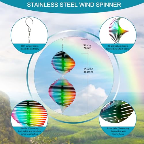 Image of Aoedelyart Wind Spinner Rainbow Wave Wind Spinners for Yard and Garden,15in Hanging Kinetic Yard Art Wind Sculpture,3D Wind Spinners Outdoor & Indoor Rainbow Helix Garden Decor Christmas Ornaments