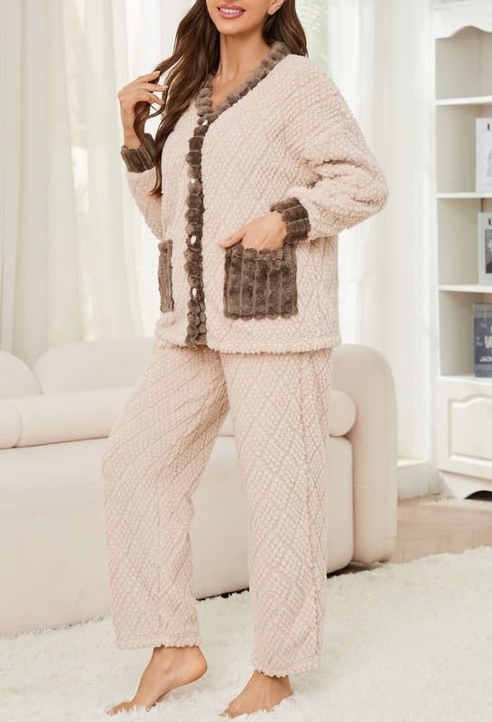 U2SKIIN Women's Plush Fleece Pajama Set,Soft Jacquard Pajamas for Women Cozy Lounge Sleepwear - Image 3