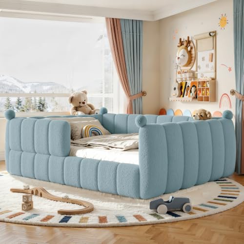 KEIKI Queen Size Upholstered Montessori Floor Bed Frame with Full Surround Safety Rails, for Girls & Boys, Teddy Fleece Floor Bed with Slat, Easy Assembly, No Box Spring Required, for Bedroom, Blue