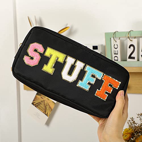 Dyshayen Nylon Cosmetic Bag Preppy Makeup Stuff Bag For Women Girls Travel Toiletry Organizer With Chenille Letter Patches (Black-Stuff) #TOP5