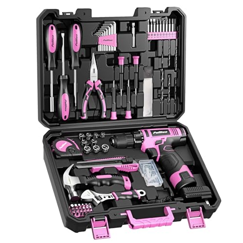 Image of PULITUO Drill Set, 148-Piece Home Tool Set with 12V Pink Cordless Drill, Hand Tool Kits, and Tool Box, Suitable for Men, Women, and DIY Enthusiasts for Home Improvement.
