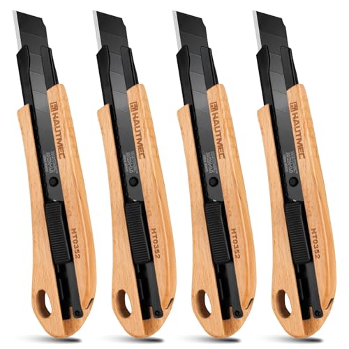 HAUTMEC 18mm Utility Knife Heavy Duty Box Cutter with Autolock & Snap Off Blade Retractable Knife SK2H Blade Replaceable Blade Knife for Construction DIY Work Knife Pocket Knife Wood Handle HT0352-4PC