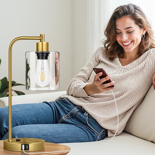 Nintiue Industrial Touch Table Lamps Set of 2-2 USB Ports & AC Outlet Nightstand Lamps, 3-Way Dimmable Bedside Desk Lamp for Living Room Bedroom, Glass Shade & 2 LED Bulbs Included - Brass by Nintiue - Used condition - Image 7