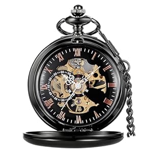 Tiong Vintage Pocket Watch Mechanical Steampunk Skeleton Roman Numerals Pocket Watches Pendant with Chain & Gift Box for Men