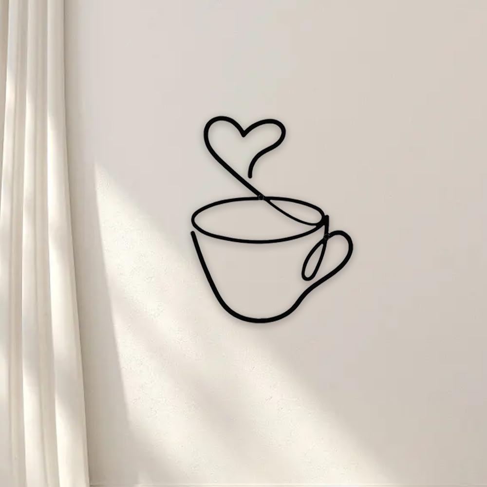 Coffee Cup Metal Sign Simple Line Elegant Kitchen Wall Art Black Cafe Cup Silhouette Hanging Decoration With Mounting Screws for Café Station Display Dining Room Home Decor