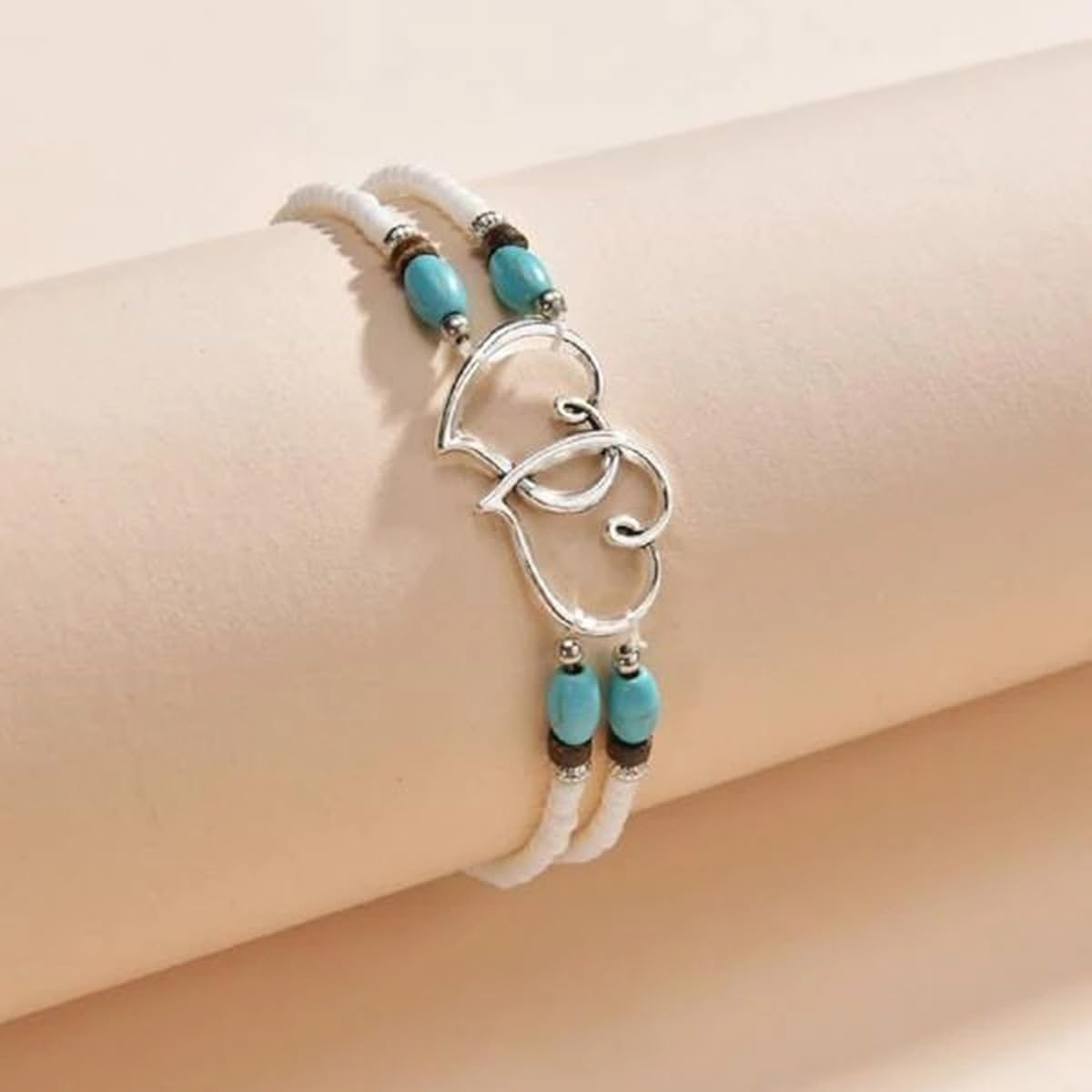 Elastic Beaded Anklets for Women Double Layered Hollow Heart Anklet Boho Turquoise Elastic Ankle Bracelet Summer Beach Foot Jewelry