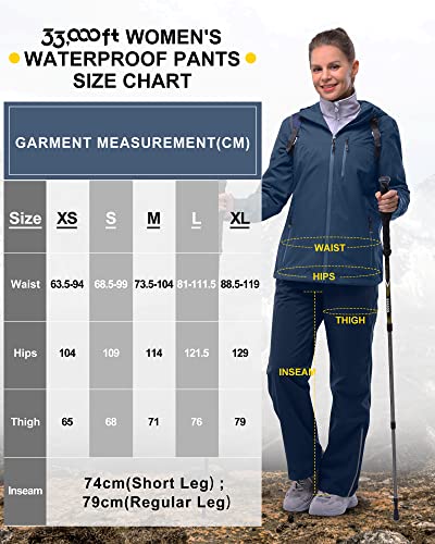 33,000ft Regenhose Damen Wasserdicht Atmungsaktiv Gefüttert Wanderhose Fahrrad Überziehhose Leichte Winddicht Outdoorhose Navy Blau L