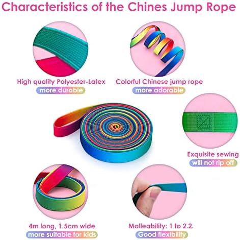 Cikyner Chinese Jump Rope, 4m Long 1.5cm Wide Elastic Chinese Ropes with Instructions French Skipping Rainbow Band for Children Jumpsies Games Indoors and Outdoors, Ideal for Gifts for Girls and Boys