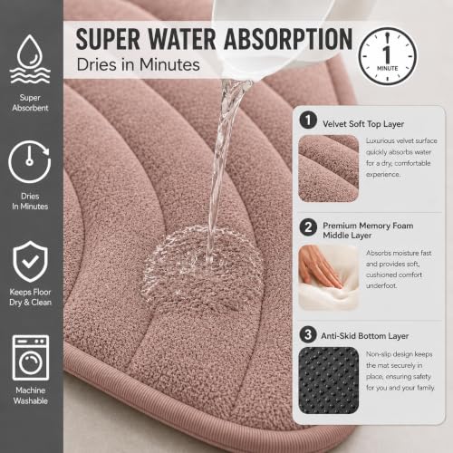 Image of Premium Memory Foam Bath Mat | 40x60cm Super Absorbent Velvet Bathroom Rug | Non-Slip Machine Washable Floor Mat (Blush Rose)