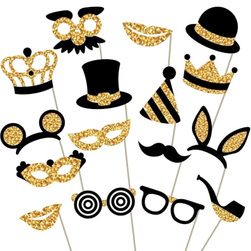 Premium Birthday Photo Booth Props Kit, 16 Black & Gold (No Glitter), Durable & Easy-to-Use Photobooth Props Signs for Memorable Photos & Unforgettable Celebrations by PixiPy
