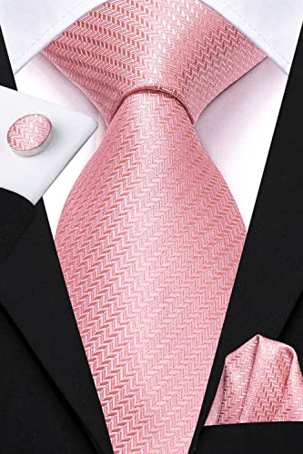 Hi-Tie Solid Mens Blush Pink Ties Wedding Silk Necktie And Pocket Square Cufflinks Set For Prom Dinner #TOP1