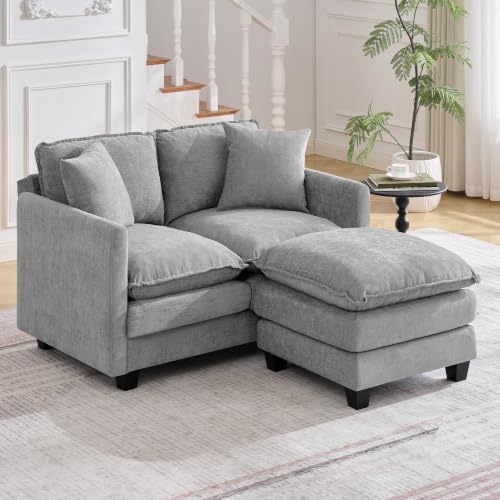 Image of 51'' Cloud Loveseat Couch with Ottoman, Love Seats Cloud Sofa with 2 Throw Pillows, Modern 2 Seater Sectional Couches with Deep Seat, Modular Sofas for Living Room, Small Apartment, Light Grey