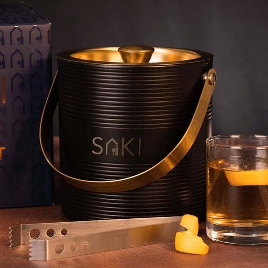 Image of SAKI | Black and Gold Ice Bucket with Tong - 1500 ml | Stainless Steel Double Walled Insulated | Ice Bucket for Bar & Home | Ripple Design Ice Bucket | Perfect for Gifting