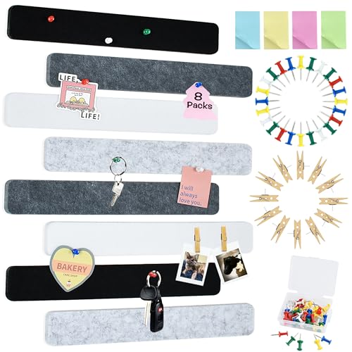 Vuzvuv 8 pcs Bulletin Board Bar Strips with 50 Pushpins & 10 Wooden Clip pinsï¼ŒSelf Adhesive Cork Board for Wallï¼ŒFelt Pin Board for Schoolï¼ŒOffice Decorï¼ˆBlack White Greyï¼‰