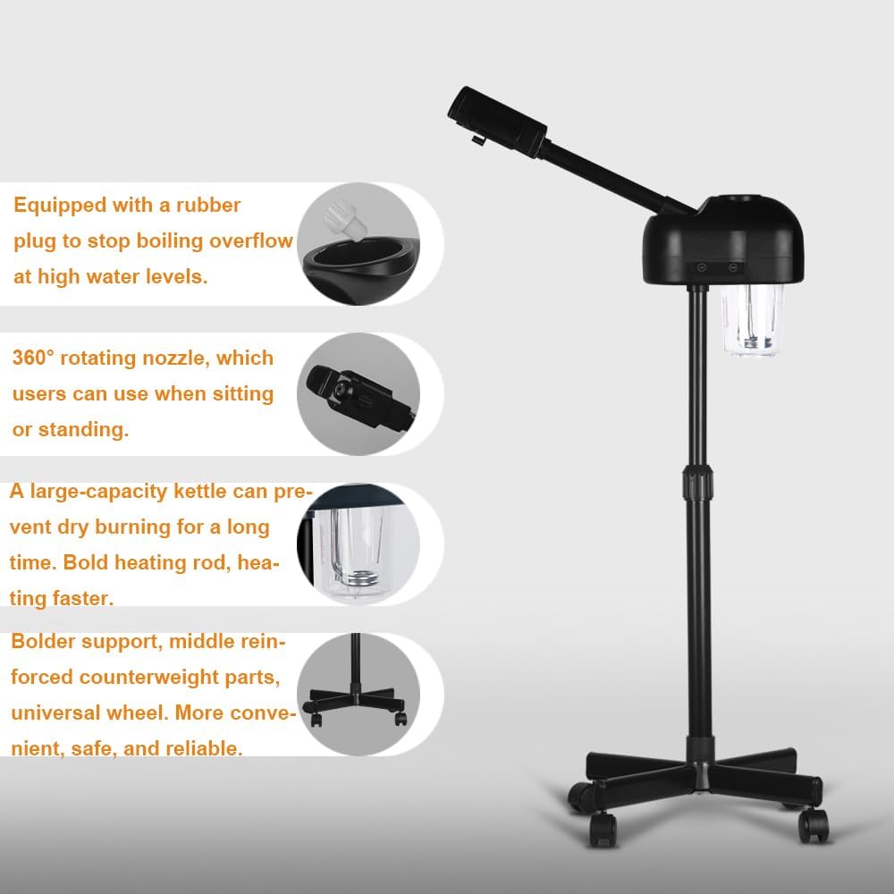 Stand Professional Ozone Facial Steamer with Touch Control, Hot Mist Function, Adjustable Height & Rolling Base, 360° Rotatable Nozzle, Use for Home, Salon SPA (Black) - Image 4