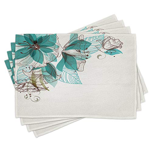 Ambesonne Turquoise Place Mats Set Of 4, Flowers Buds Leaf At The Top Left Corner Season Celebrating Theme, Washable Fabric Placemats For Dining Table, Standard Size, Brown Teal #TOP17