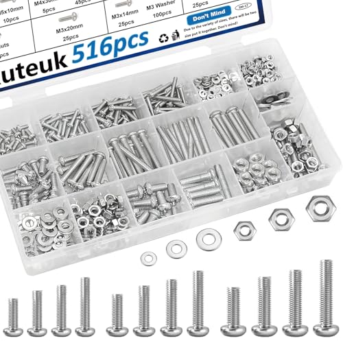 mxuteuk 516 Pcs Nuts and Bolts Assortment Kit 21-Sizes Screws Bolts and Nuts Assortment Kit M3/M4/M5/M6 Metric Machine Screws/Nuts/Bolts/Flat Washers Phillips Slotted Pan Head Hex Bolts and Nuts Sets