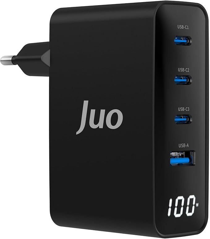 Juo 100W GaN Led Ekranlı 3 Type-C + USB-A Hızlı Şarj Cihazı iPhone & Macbook & Notebook Şarj Aleti